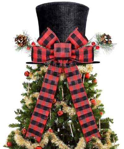 Toseky Christmas Tree Topper, Christmas Tree Topper Hat with Bow Top, Christmas Tree Toppers Decorations, Christmas Tree Top Ornaments Winter Decor Festive for Fireplace Desk Kitchen