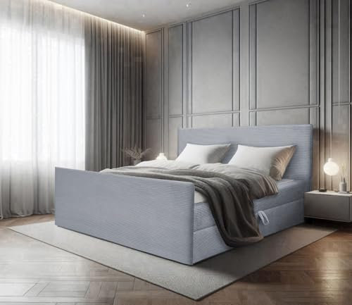 EURO-MOEBEL Bett Doppelbett Boxspringbett TOP POSO mit Fußteil Bonell-Matratze Topper Visco +2 Bettkästen, H3 (Hellgrau: POSO 110, 160 x 200 cm)