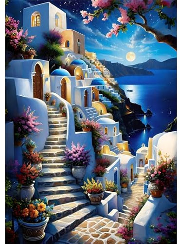 Bowetile 5D Village Côtier Diamond Painting, DIY Paysage Côtier Diamant Painting Kit Complet, Peinture Diamant Adulte, Diamant Strass Point de Croix Cristal Painting pour Murale Décoration 30x40 cm