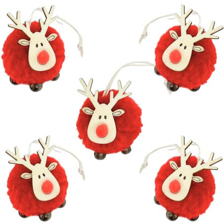 BoBoU Weihnachtsschmuck Rot Rentier 5er-Set aus Holz und Filz Weihnachtliche Baumanhänger Weihnachtsbaumschmuck Weihnachtsbaum Deko Anhänger Weihnachtsdekoration Dekoration (Rentier Rot 5er)