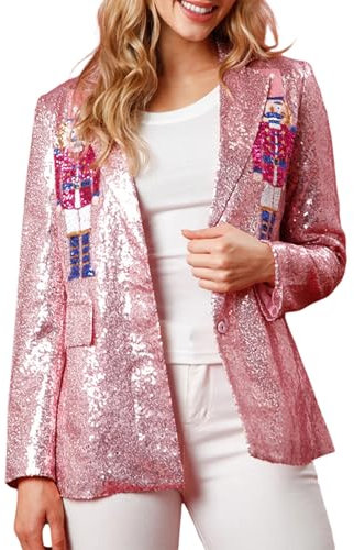Blazer casse-noisette rose à paillettes - Blazer de Noël brillant - Veste de costume ouverte sur le devant - Blazer de vacances à paillettes, rose, M
