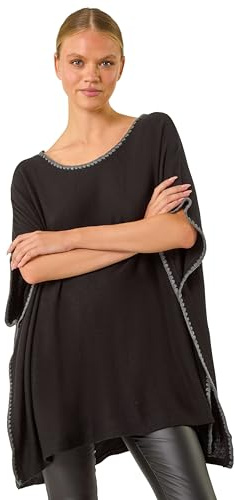 Roman Originals Blanket Stitch Knit Poncho for Women UK - Ladies Everyday Autumn Winter Round Neckline Comfy Soft Evening Vacation Work Party Night Out - Black - Size LXL
