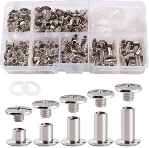 YIXISI 80 Set M5 x 4/6/8/10/12 mm Chicago Vis Assortiment Kit, 5 Tailles Kit de Rivets pour Cuir Cruciforme, pour DIY, Décoration de Cuir, Réparation de Reliure, Argent