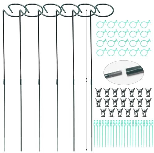 VirtuGro 6PCS Tutores para Plantas 90cm Soporte para Plantas Redondeado Empalmable Soporte Plantas Verde Tutor Monstera Metálico Broches Soporte para Palos de Planta con Múltiple Anillas de Fijación