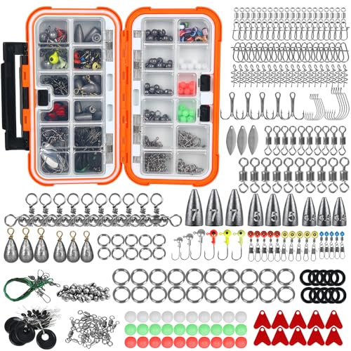 Leeko 316 Stück Angelzubehör-Set mit Wasserdichter Angelkoffer inklusive Bleihaken, Bleidrops, Wirbel, Stifte, Halteperlen, Space Beans für Barsch, Forelle, Hecht