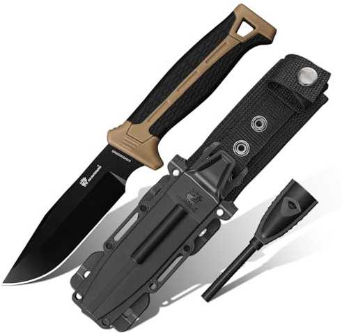 HX OUTDOORS Überlebensmesser Bushcraft Messer Mit Feueranzünder, Edc D2 Stahl Feststehendes Messer, Titanbeschichtung Camping Messer Gürtelmesser Mit Kunststoff-Scheide Für Outdoor, Wandern(Braun)