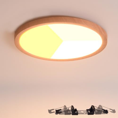 Alpinaluz Downlight LED effet bois Ø225mm 18W - Plafonnier surface ou encastrable Ø65-200mm - CCT Sélecteur de couleur 3000K/4000K/6000K - Ultra fin 17mm - IP44 pour salle de bain, cuisine, couloir