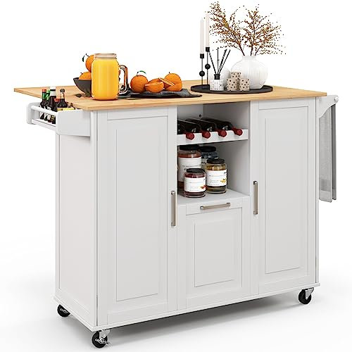 COSTWAY Isla de Cocina con 4 Ruedas, Carro de Cocina con Amplia Encimera Abatible, Estantería para 4 Botellas de Vino, 2 Armarios con Estante y Cajón, Mueble Auxiliar de Cocina con Especiero