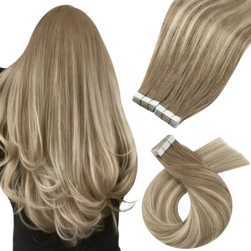 Moresoo Tape in Hair Extensions Human Hair Balayage Light Brown 24 Inch | For Full Head, 40 Pcs/100g, Add Volume, Easy Install, For Women, Adds Length, Heat Safe, Can be Straightened or Curled