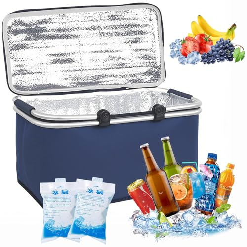 30L Faltbare Kühltasche mit 2 Eisakkus – Isolierte Thermotasche für Picknick, Camping, Einkaufen, Büro, Outdoor & Reisen – Wasserdicht, schmutzabweisend, verstärkter Boden
