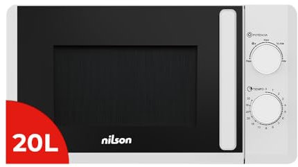 Nilson Microondas 20 Litros Cerámico Blanco NMWC2700. 700W, 12 Programas, Modo Descongelación, Revestimiento Interior, Fácil Limpieza, Temporizador 35min.