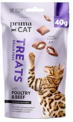 PrimaCat - Leckerlis für Katzen mit Rind & Geflügel, für Haut & Fell, 40 g | Knusprig mit cremigem Kern, unterstützt Haut & Fell, getreidefrei, ohne Zuckerzusatz, maisfrei, perfekt als Belohnung