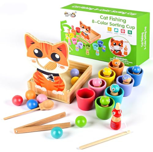 Juguetes Montessori 2 3 4 Años, Juguetes de Madera Juego de Pesca Clasificar Juegos Juguete Apilable, Montessori Juego de Combinación de Color, Motricidad Fina, Juguetes Educativos Regalo para Niños