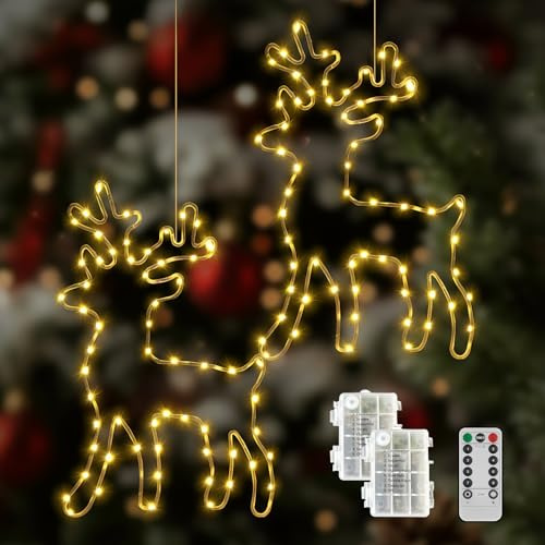 AONAT Beleuchtete Rentier Weihnachtsdeko mit Timer,2 Stück 120 Warmweiß LED Fensterbeleuchtung,8 Modi Batteriebetrieben,Weihnachtsbeleuchtung für Fenster, Balkon,Party,Hochzeit