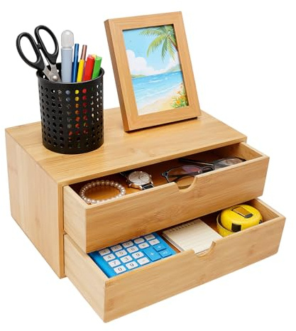 FROPIJ Minikommode & 2-stöckig Schubladenbox Holz - Schreibtisch Organizer aus Bambus, Natur Design - Kosmetik Organizer und Aufbewahrungsbox Holz für Homeoffice, Schminktisch(33x19x16cm)