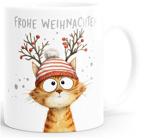 SpecialMe® Weihnachtstasse Lustige Katze Frohe Weihnachten Kaffeetasse Geschenkidee Adventskalender Nikolaus Keramik 325ml Weiss standard