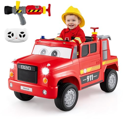 COSTWAY Kinder Elektroauto, 12V Feuerwehrauto Elektro mit Wasserpistole & Fernbedienung, Elektrisches Kinderauto mit Musik, Alarm, Blinklichtern und Softstart, Elektrofahrzeug für Kinder ab 3 Jahren