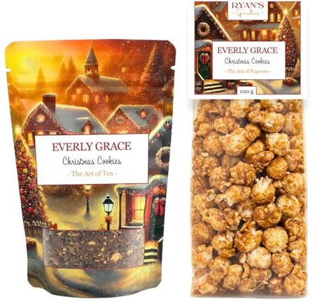 Everly Grace Christmas Cookies Set, Popcorn & Rooibostee | Liebevolles Geschenkset mit Rooibostee und Gewürz-Karamell-Popcorn. Handgemachte Weihnachtsstimmung aus Deutschland