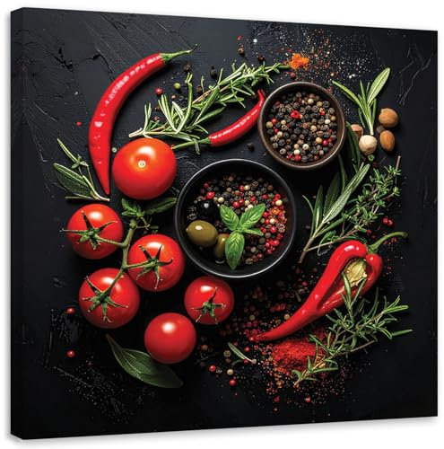 Feeby Leinwandbild - Bilder für Küche - Gewürze Gemüse Tomaten - 30x30 1tlg - Deko Esszimmer - Wanddekoration - Aesthetic - Groß Moderne Bild - Foto auf Leinwand