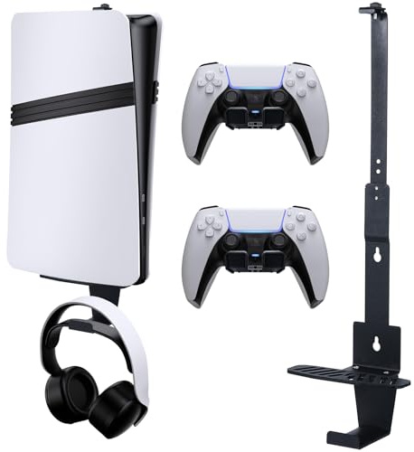 Lomffy PS5 Wall Mount, Wall Bracket for Playstation5/PS5 Slim/PS5 Pro (Disc&Digital) Steel Playstation 5/Playstation 5 Slim/P5 Pro Wall Mount Bracket with Headphone Hanger and 2 Holders (Black)