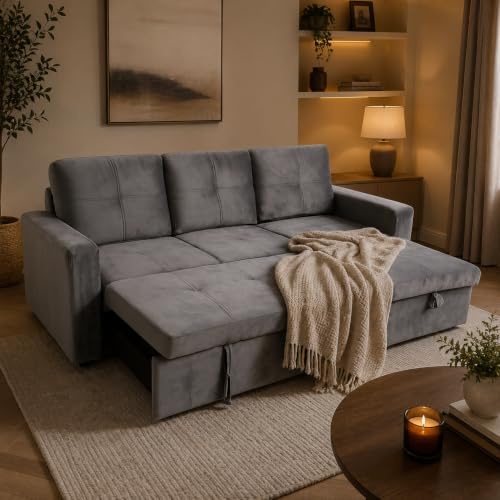 ZANGELI Modern Grey Corner Sofa Bed – L-Shaped Pull-Out Sleeper Sofa with Hidden Storage Chaise, 3-Seater Fabric Velvet Couch