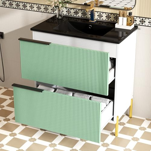 kozamas Meuble de salle de bain sous vasque sur pied, 80 cm, vert menthe, avec bac en céramique, meuble de salle de bain moderne, avec pieds dorés, 2 tiroirs et porte, pour salle de bain