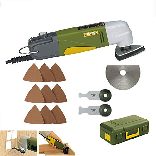 PROXXON Multitool/Eckenschleifer OZI/E Set - inklusive HSS-Trennblatt, Tauchsägeblatt 8 mm, Tauchsägeblatt 14 mm, 75 Stück Schleifblätter K80/K150/K240 und Koffer
