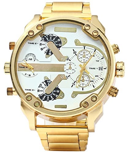 FENKOO Herren Militäruhr Quartz Kalender/Duale Zeitzonen Edelstahl Band Armbanduhr Gold