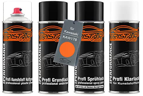 TRISTARcolor Motorradlack Spraydosen Set für Kunststoff Stoßstange für Kawasaki KAW178 Candy Sparkling Orange Haftgrund Grundlack Basislack Klarlack mit Weichmacher Sprühdose