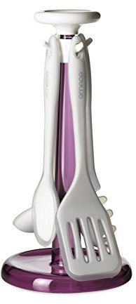 Omada Design Schöpfkellenhalter aus Kunststoff mit 4 Schöpkellen aus Silikon. Sie sind auch Kratzfest und Stark bis zu 230 Grade, Spülmaschinenfest, Linea Trendy, Pflaume Farben