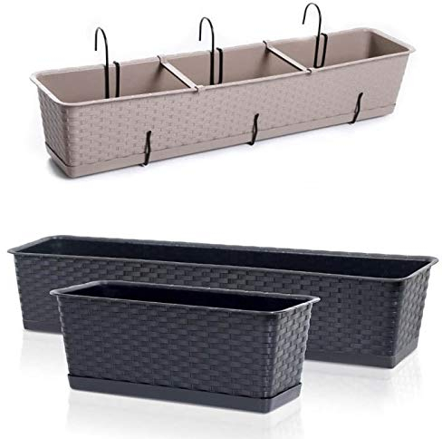 Blumenkasten Balkonkasten Blumentopf Rattan Optik Case P mit Aufhängung Untersetzer Geländerkasten 4 Größen (700 Umbra)