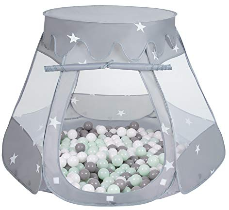 Selonis Baby Spielzelt Mit Plastikbällen Zelt 105X90cm/100 Stück Bälle Plastikkugel Kinder, Grau:Weiß/Grau/Minze