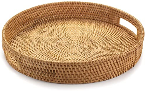 Rattan Rundes Serviertablett, Gewebtes Serviertablett mit Ausgeschnittenen Griffen, Obst/Brot Servierkorb, 30 cm