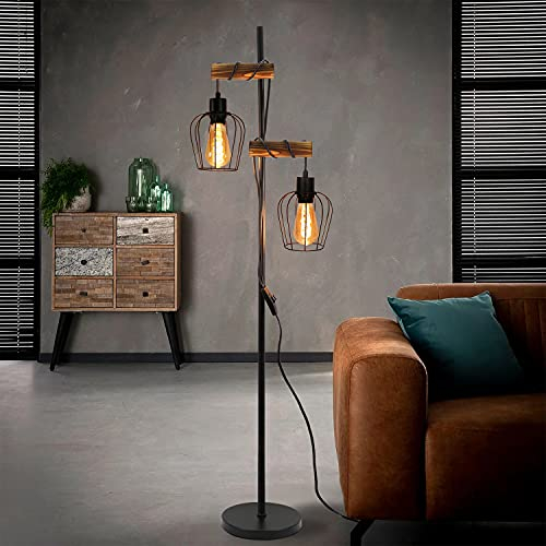 ZMH Stehlampe Wohnzimmer Holz Stehleuchte Schwarz - Retro Vinatge Standleuchte 2 flammig im Industrial Design aus Metall mit Schalter E27 Fassung 151cm Standlampe für Schlafzimmer (ohne Leuchtmittel)