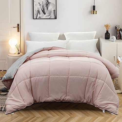 MOHAP Couette Bicolore 4 Saisons Couette d'été Légère 450g/m² 140x200cm Hypoallergénique Bicolore Rose + Gris Couette de Lit Réversible 1 Personnes Edredon