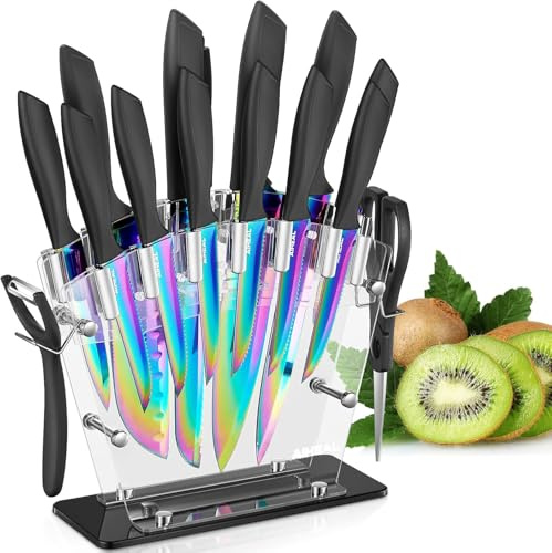 Aiheal Juego de cuchillos de cocina de acero inoxidable de alto carbono, juego de cuchillos de cocina de color arco iris, hoja de revestimiento de titanio, sin óxido y súper afilado, juego de
