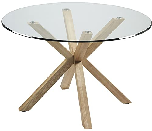 HABITMOBEL Mesa de Comedor Salon Redonda 120cm Modelo Idol diseño Nordik Cristal Templado y Patas Acero Efecto Madera 6 Personas