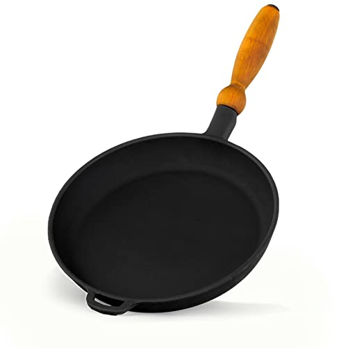 Sartén universal de hierro fundido con mango de madera, de 26 cm de diámetro, baja para cocer y freír, para todo tipo de fuegos, barbacoa y fuego, con mango, inducción, negro, sin revestimiento