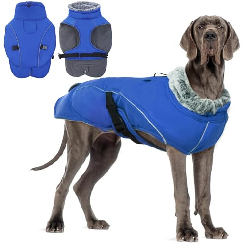 DENTRUN Hundemantel Grosse Hunde, Ärmellose wasserdichte Hundejacke, Hunde Reflektierende Fleecejacke, Winddichter WintermantelHunde, Winddicht Outdoor Hundejacke(Blau,XL)