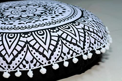 CRAFT KALA 81.3 cm rundes Mandala-Boho-Kissen, Meditation, Indien-Zimmer, Sitzkissen für Wohnzimmer, Yoga, Zimmer, Heimdekoration, Schlafzimmer, Balkon, Garten, Bodenkissenbezug, schwarz-weiße Blume