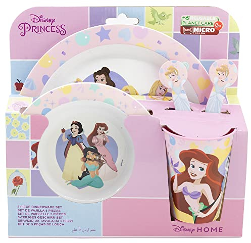 Set vajilla infantil reutilizable apta para microondas compuesta por vaso, plato, cuenco y cubiertos de Princesas Disney