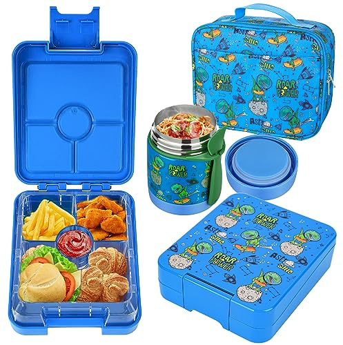 Howeemo Bento-Lunchbox-Set für Kinder, mit 284 ml, Suppen-Thermobehälter, auslaufsicher, 4 Fächer, Thermobehälter für heiße Speisen und isolierte Lunchtasche, BPA-frei (Dragon)