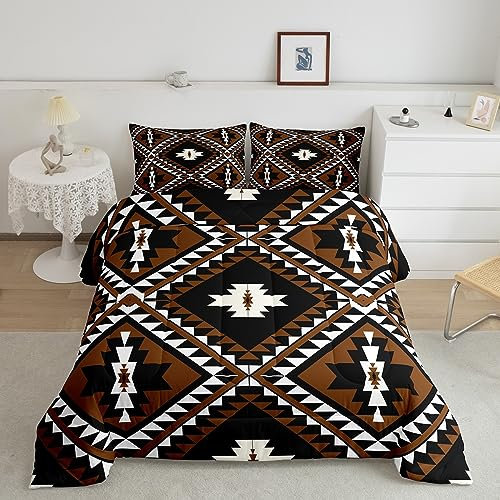 Rustikales Western-Bettwäsche-Set für Herren, Südwestliches Azteken-Bettwäsche-Set, Bohemian-Steppdecke, ethnisch, mexikanisch, geometrisch, Diamant-Bettbezug, Braun, Schwarz, Weiß, Bauernhaus,