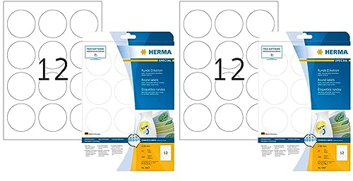 Universal Etiketten ablösbar rund, 25 Blatt, Ø 60 mm, 12 Stück pro A4 Bogen, 300 Aufkleber, selbstklebend, bedruckbar, matt, blanko Klebeetiketten aus Papier, weiß (Packung mit 2)