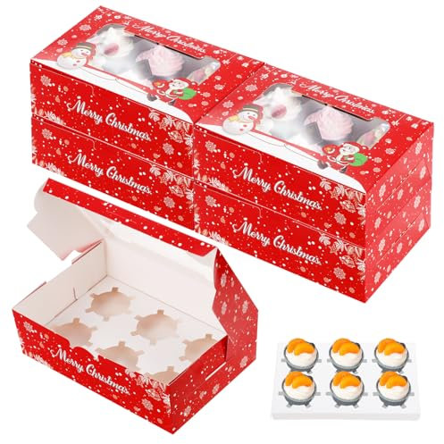 Fippy 20PCS Christmas Cupcake Boxes 6 Hole with Window, Christmas Cakes Gift Boxes Pastry Boxes for Cupcake Cookies Desserts