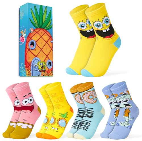 SpongeBob Schwammkopf Socken Jungen Teenagers, 5er Pack Warme Lustige Bunte Kindersocken, Geschenkidee für Cartoon Fans