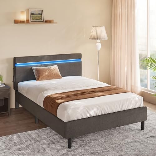 VASAGLE Lit Simple en Métal, 140 x 190 cm, Cadre de Lit, Tête de Lit Rembourré, Éclairage LED, Prise Port USB et Type-C, Style Moderne, pour Chambre d’Amis, Adolescent, Gris Foncé RMB802G71