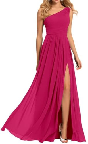 Vestidos de dama de honor de un hombro para mujer, vestido de gasa plisado con abertura, vestidos de fiesta de boda, fucsia, 36