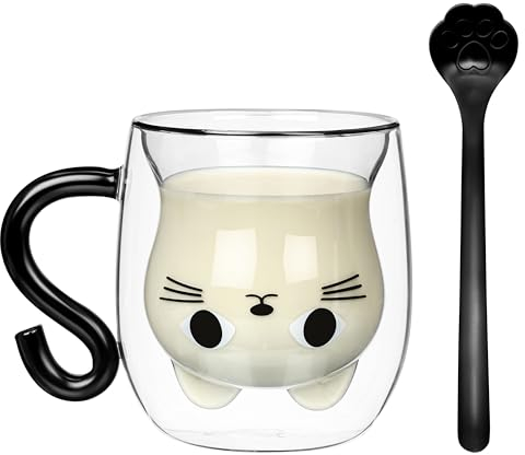 BELLE VOUS Cat Glass Coffee Mug - 10oz / 290ml Insulated Borosilicate Espresso Cup - Clear Glass Cup with Handle for Latte, Cappuccino & Iced Coffee - Double-Walled Tea Cup