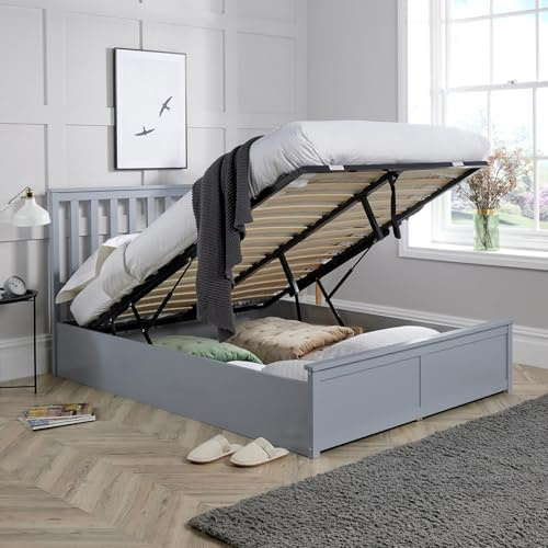 Home Source Ottoman King Size Pine End Lift Storage Bed, Gas Lift, Grey